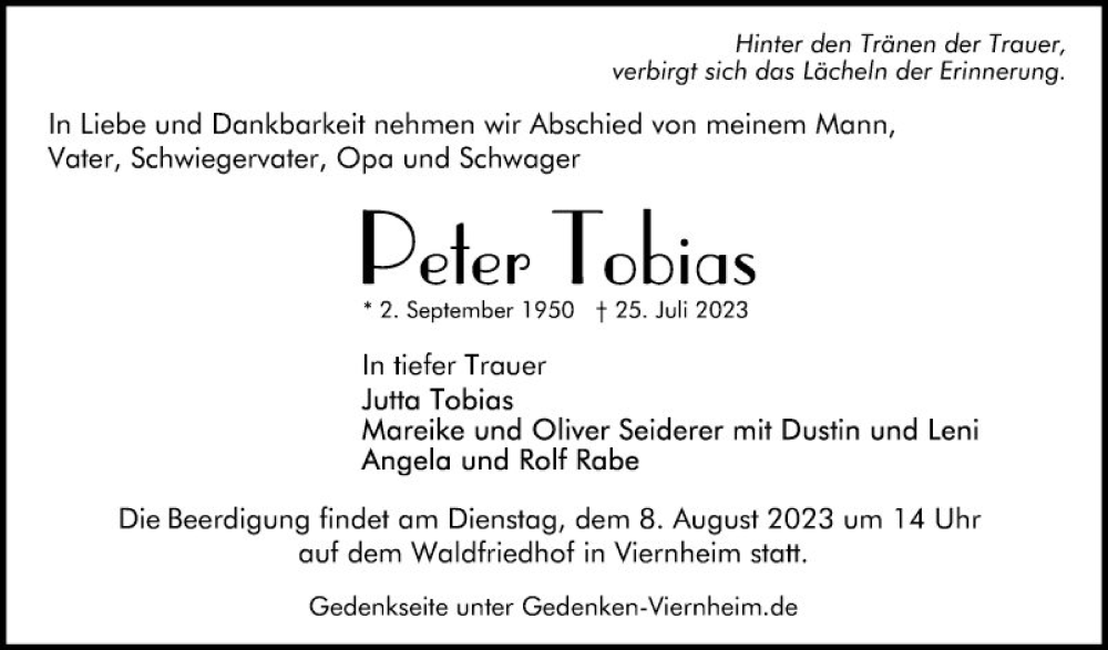  Traueranzeige für Peter Tobias vom 05.08.2023 aus Mannheimer Morgen