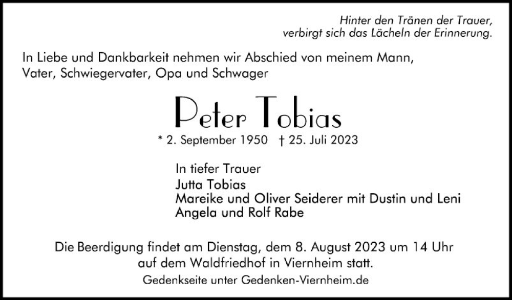  Traueranzeige für Peter Tobias vom 05.08.2023 aus Mannheimer Morgen