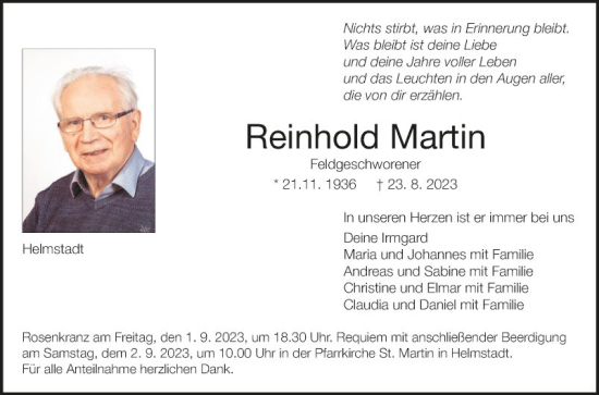 Traueranzeige von Reinhold Martin von Fränkische Nachrichten