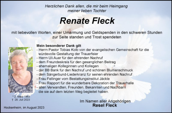 Traueranzeige von Renate Fleck von Schwetzinger Zeitung