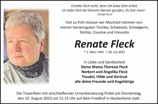 Traueranzeige von Renate Fleck von Schwetzinger Zeitung