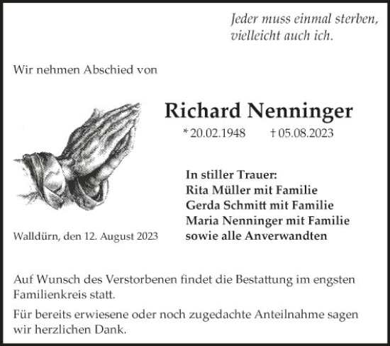 Traueranzeige von Richard Nenninger von Fränkische Nachrichten