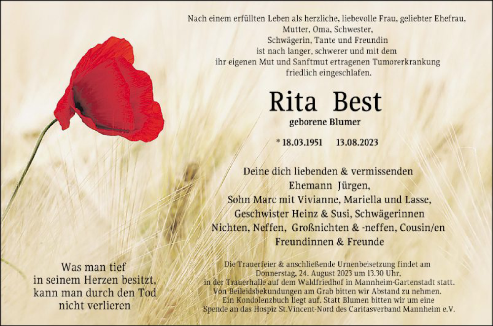  Traueranzeige für Rita Best vom 19.08.2023 aus Mannheimer Morgen