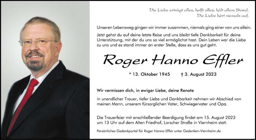  Traueranzeige für Roger Effler vom 09.08.2023 aus Mannheimer Morgen