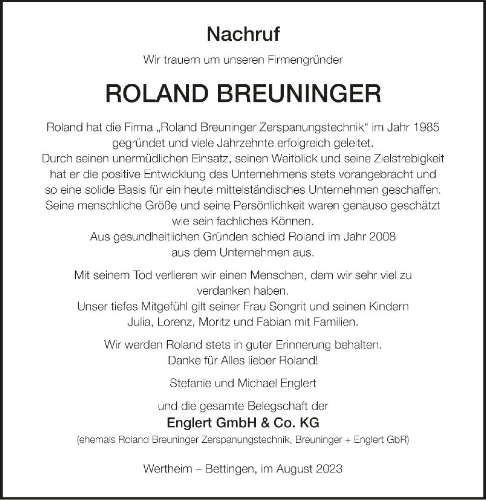  Traueranzeige für Roland Breuninger vom 12.08.2023 aus Fränkische Nachrichten