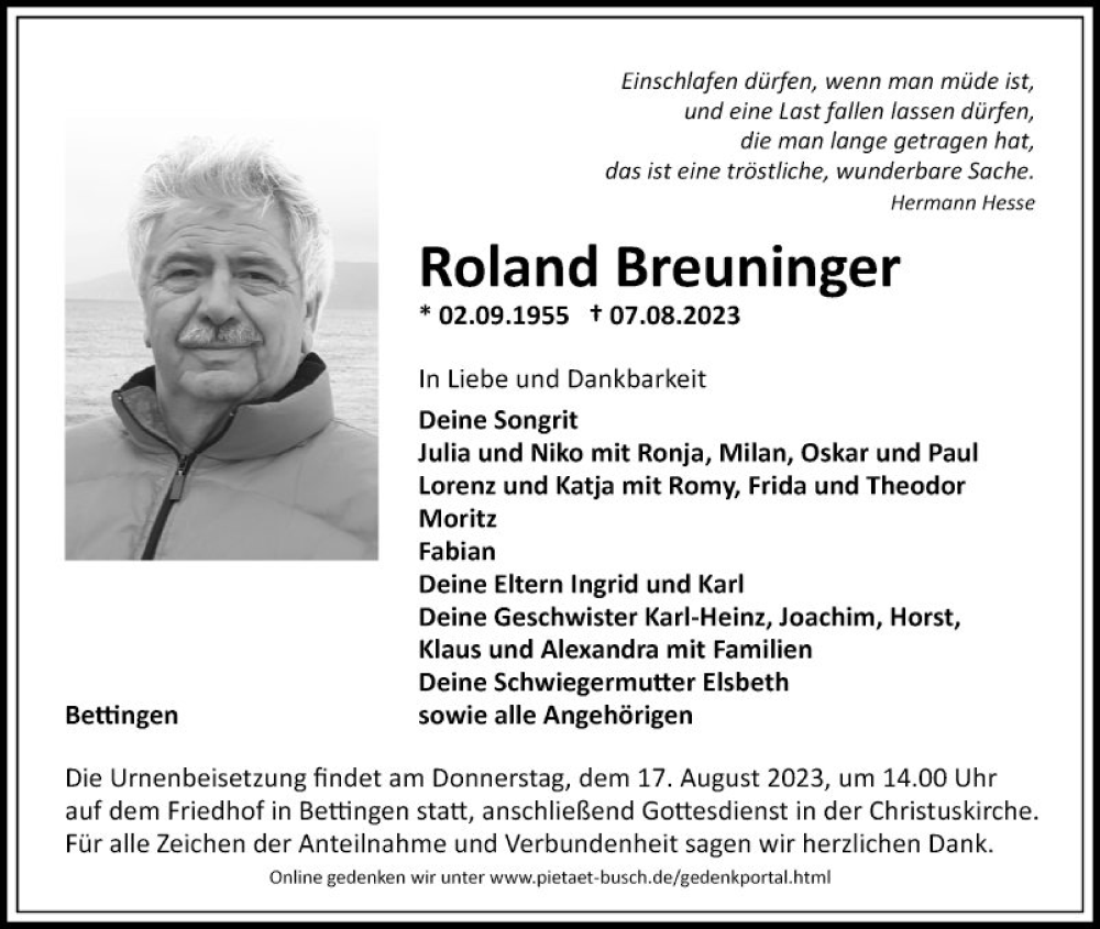  Traueranzeige für Roland Breuninger vom 12.08.2023 aus Fränkische Nachrichten