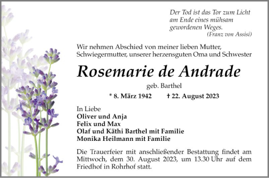 Traueranzeige von Rosemarie de Andrade von Mannheimer Morgen