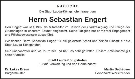 Traueranzeige von Sebastian Engert von Fränkische Nachrichten