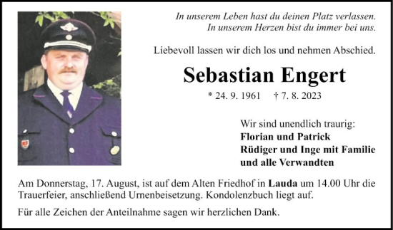 Traueranzeige von Sebastian Engert von Fränkische Nachrichten