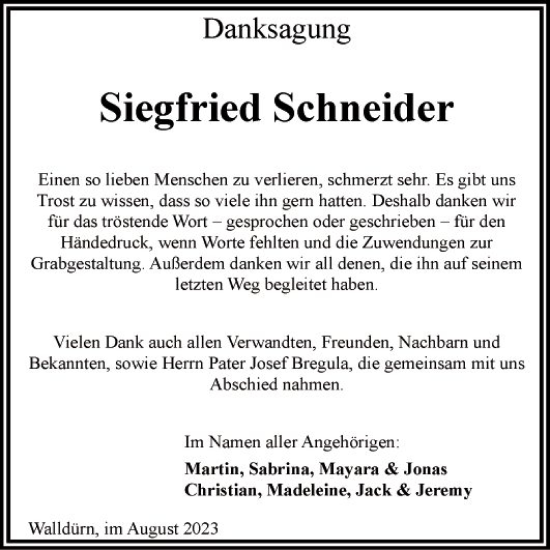 Traueranzeige von Siegfried Schneider von Fränkische Nachrichten