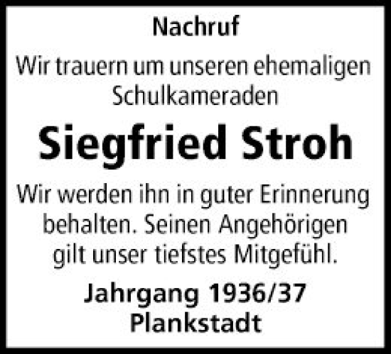 Traueranzeige von Siegfried Stroh von Schwetzinger Zeitung
