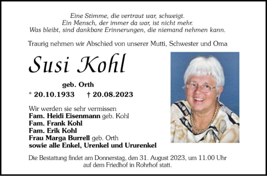 Traueranzeige von Susi Kohl von Schwetzinger Zeitung