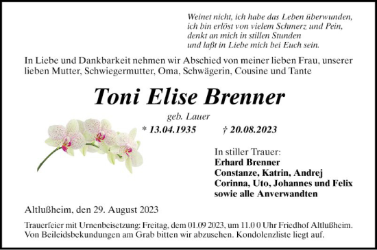 Traueranzeige von Toni Elise Brenner von Schwetzinger Zeitung