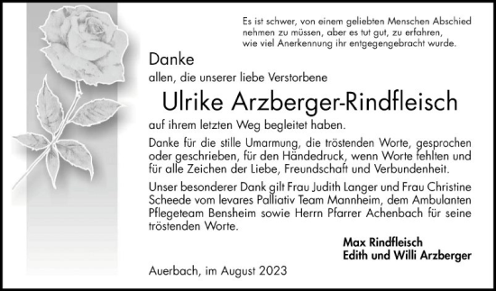 Traueranzeige von Ulrike Arzberger-Rindfleisch von Bergsträßer Anzeiger