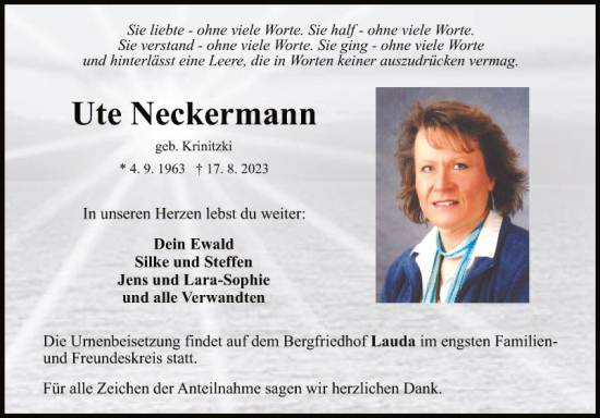 Traueranzeige von Ute Neckermann von Fränkische Nachrichten