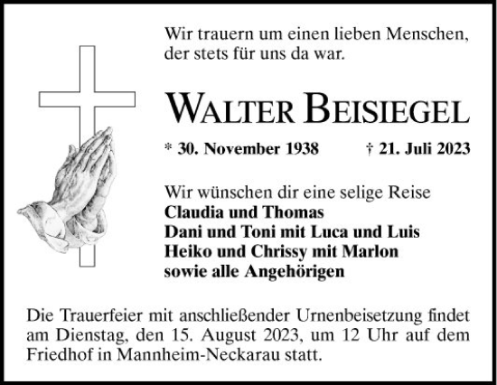 Traueranzeige von Walter Beisiegel von Mannheimer Morgen