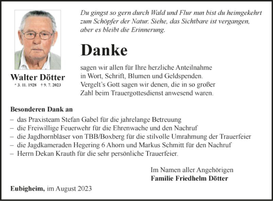 Traueranzeige von Walter Dötter von Fränkische Nachrichten