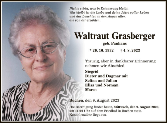 Traueranzeige von Waltraut Grasberger von Fränkische Nachrichten