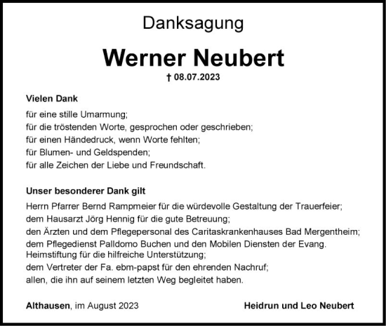 Traueranzeige von Werner Neubert von Fränkische Nachrichten