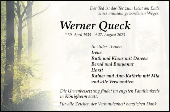 Traueranzeige von Werner Queck von Fränkische Nachrichten