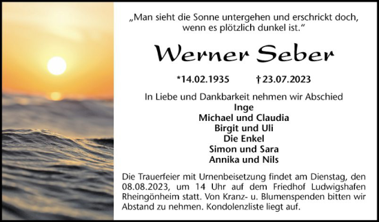 Traueranzeige von Werner Seber von Mannheimer Morgen