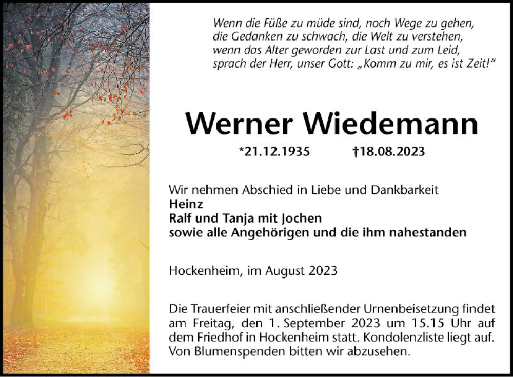  Traueranzeige für Werner Wiedemann vom 26.08.2023 aus Schwetzinger Zeitung