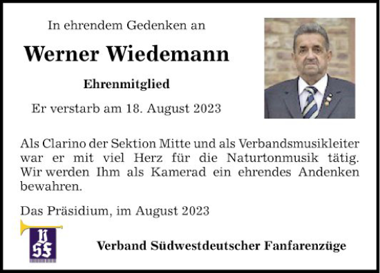 Traueranzeige von Werner Wiedemann von Schwetzinger Zeitung