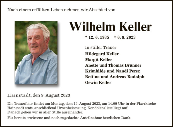 Traueranzeige von Wilhelm Keller von Fränkische Nachrichten