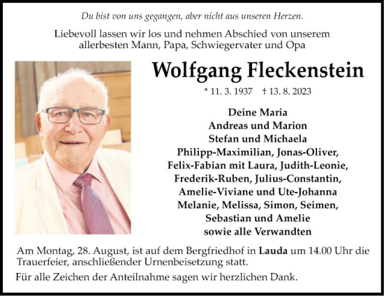 Traueranzeige von Wolfgang Fleckenstein von Fränkische Nachrichten