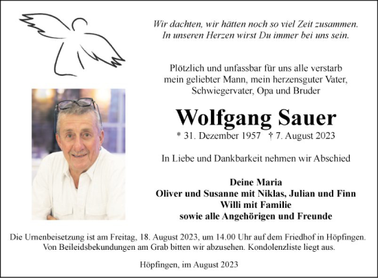 Traueranzeige von Wolfgang Sauer von Fränkische Nachrichten