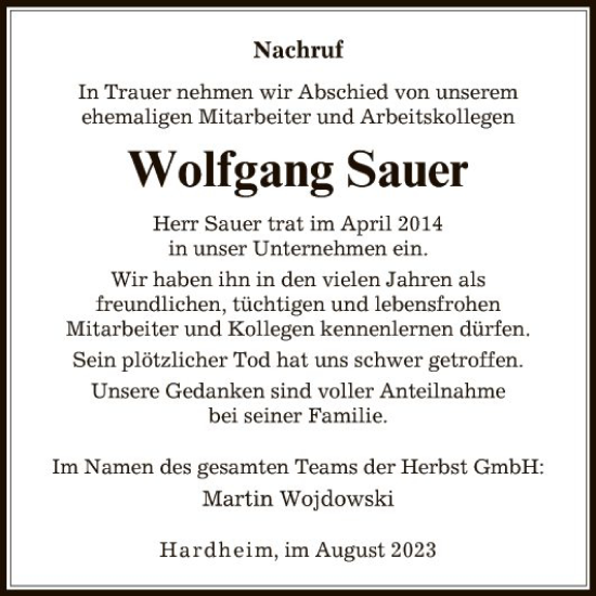 Traueranzeige von Wolfgang Sauer von Fränkische Nachrichten