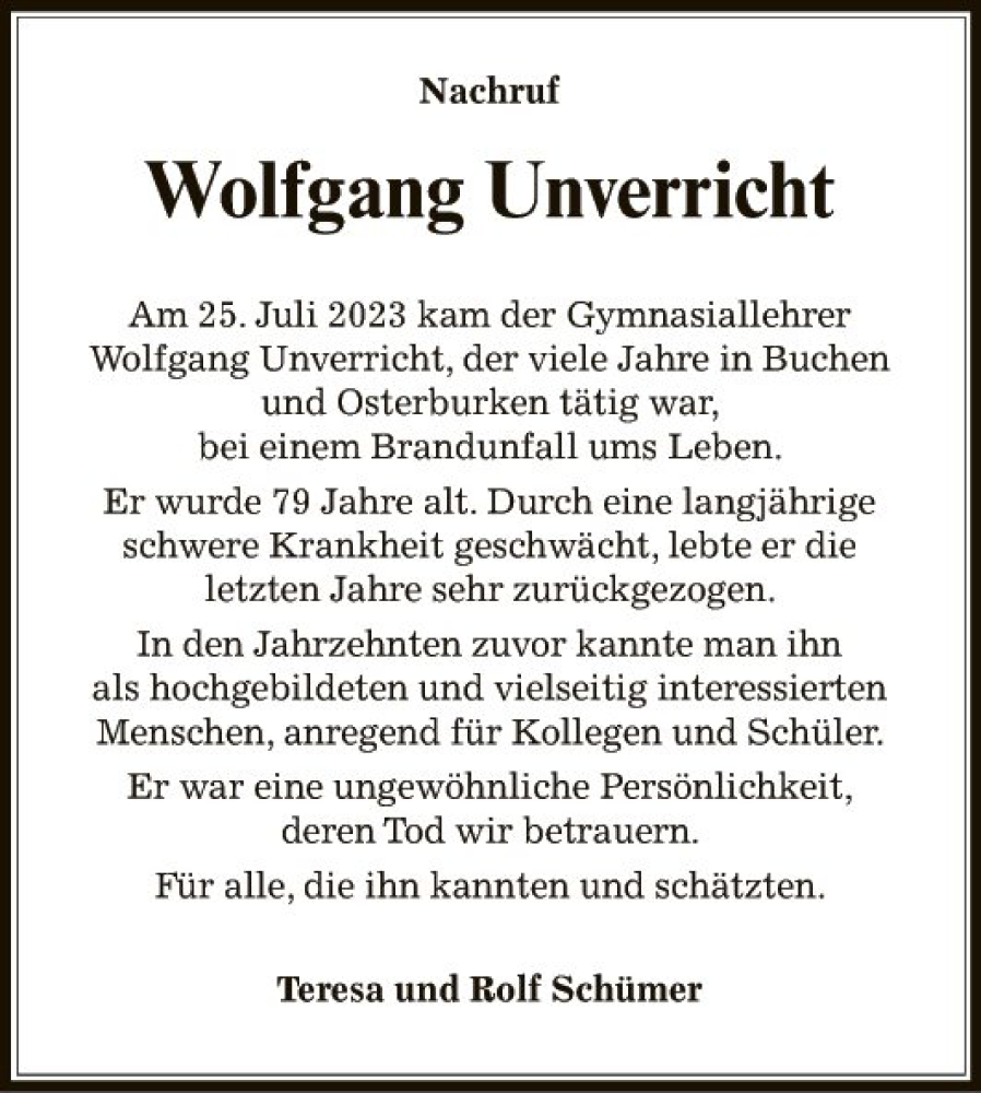  Traueranzeige für Wolfgang Unverricht vom 05.08.2023 aus Fränkische Nachrichten