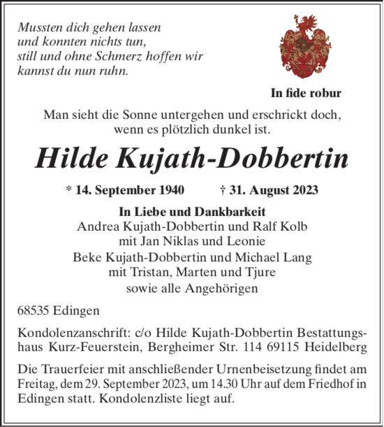 Traueranzeige von Hilde Kujath-Dobbertin von Mannheimer Morgen