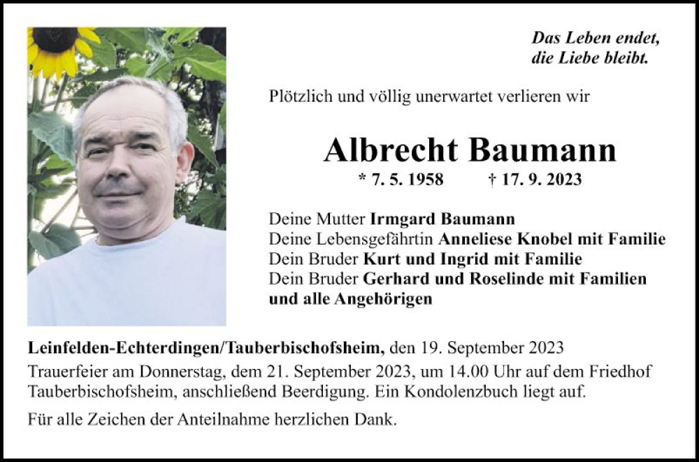  Traueranzeige für Albrecht Baumann vom 19.09.2023 aus Fränkische Nachrichten