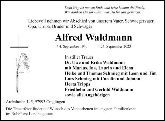 Traueranzeige von Alfred Waldmann von Fränkische Nachrichten