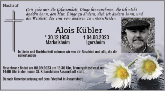 Traueranzeige von Alois Kübler von Fränkische Nachrichten