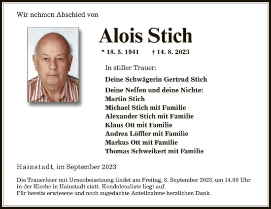 Traueranzeige von Alois Stich von Fränkische Nachrichten