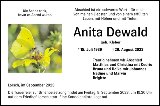 Traueranzeige von Anita Dewald von Bergsträßer Anzeiger