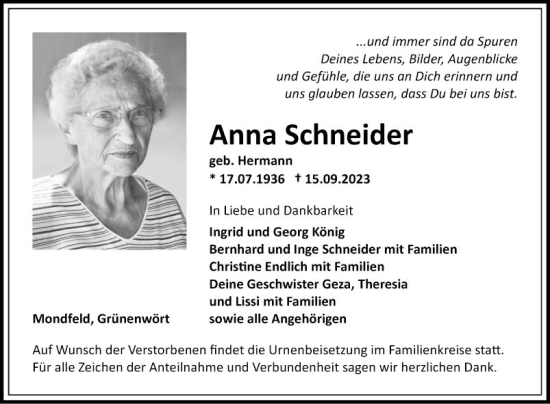 Traueranzeige von Anna Schneider von Fränkische Nachrichten