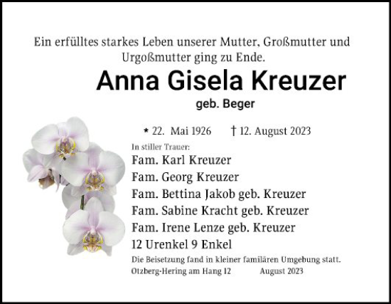 Traueranzeige von Anna Gisela Kreuzer von Bergsträßer Anzeiger
