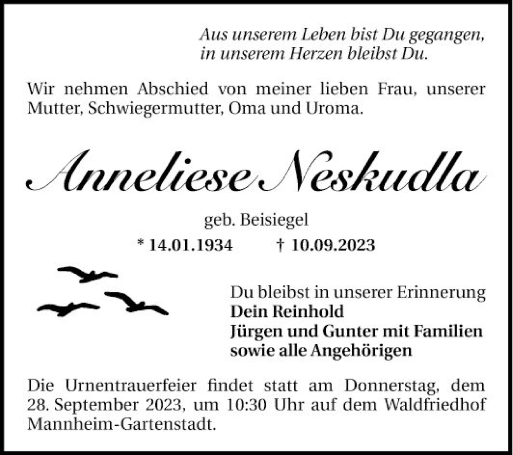  Traueranzeige für Anneliese Neskudla vom 23.09.2023 aus Mannheimer Morgen