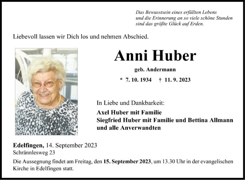  Traueranzeige für Anni Huber vom 14.09.2023 aus Fränkische Nachrichten