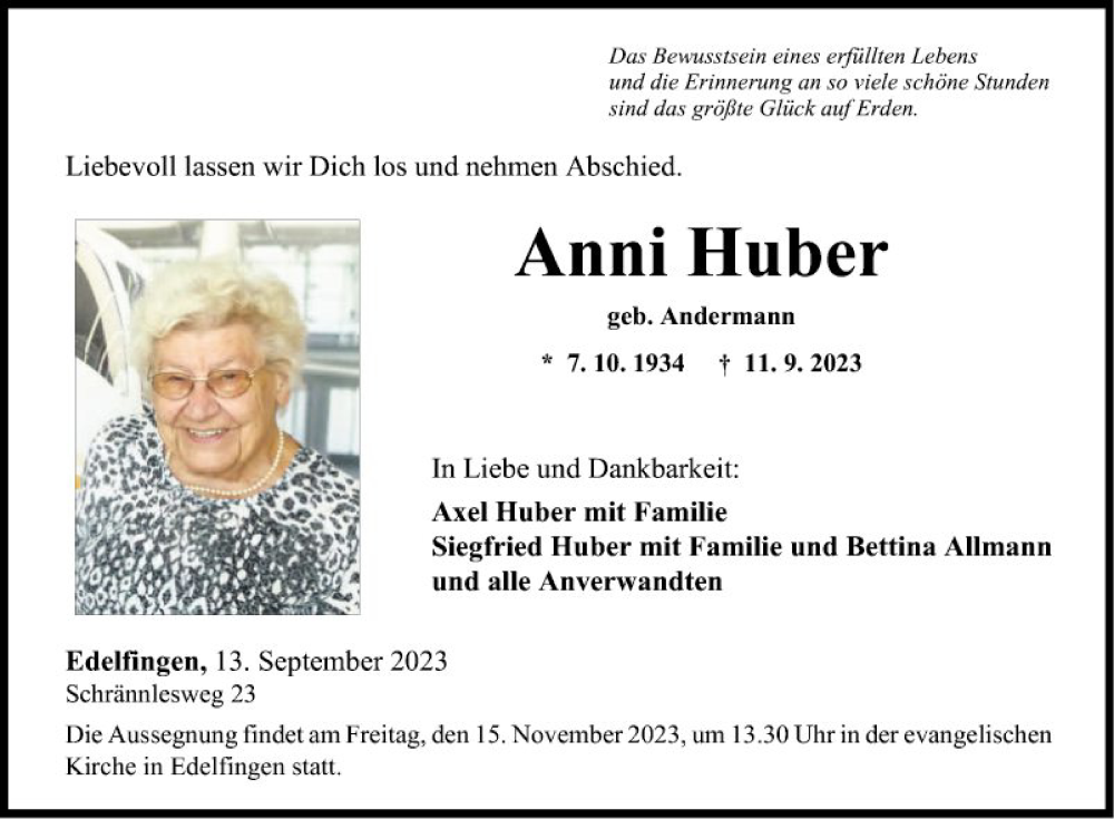  Traueranzeige für Anni Huber vom 13.09.2023 aus Fränkische Nachrichten