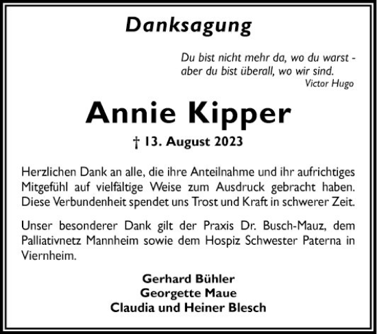 Traueranzeige von Annie Kipper von Mannheimer Morgen