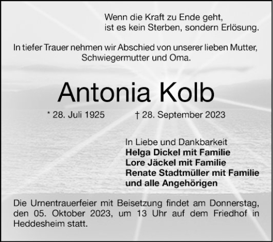 Traueranzeige von Antonia Kolb von Mannheimer Morgen