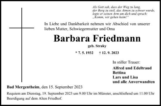 Traueranzeige von Barbara Friedmann von Fränkische Nachrichten