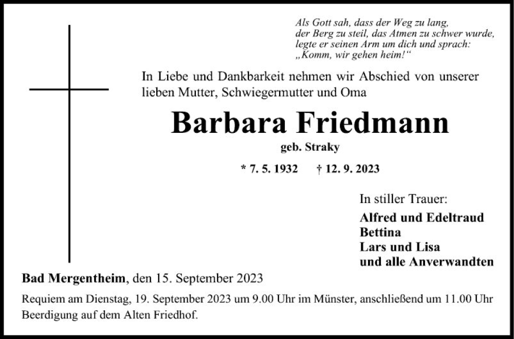  Traueranzeige für Barbara Friedmann vom 15.09.2023 aus Fränkische Nachrichten