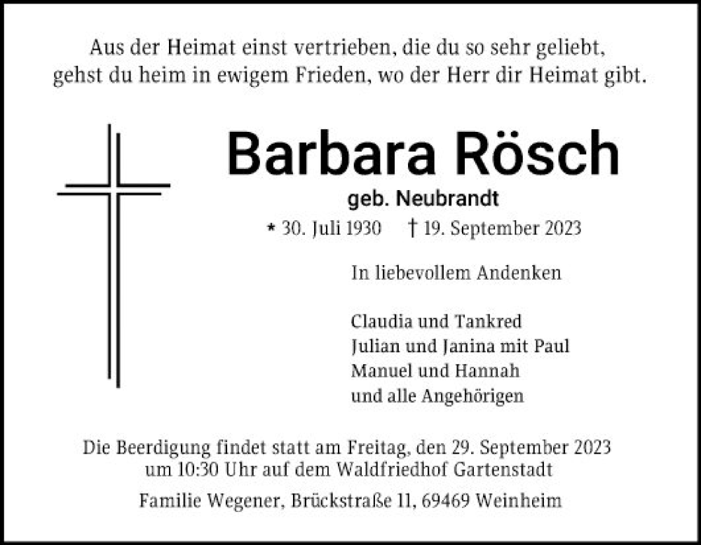  Traueranzeige für Barbara Rösch vom 23.09.2023 aus Mannheimer Morgen
