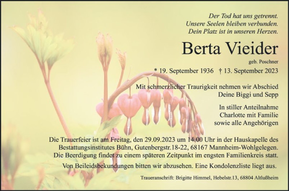  Traueranzeige für Berta Vieider vom 23.09.2023 aus Mannheimer Morgen