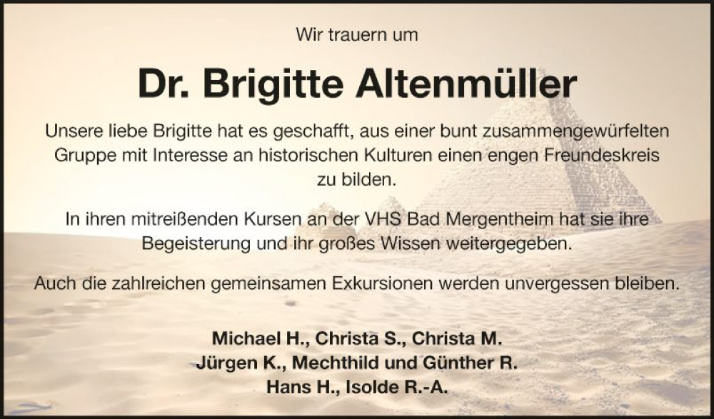  Traueranzeige für Brigitte Altenmüller vom 26.09.2023 aus Fränkische Nachrichten